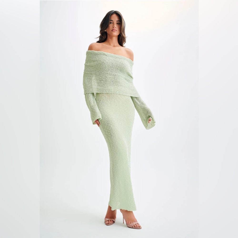 Boucle Off Shoulder Maxi Dress